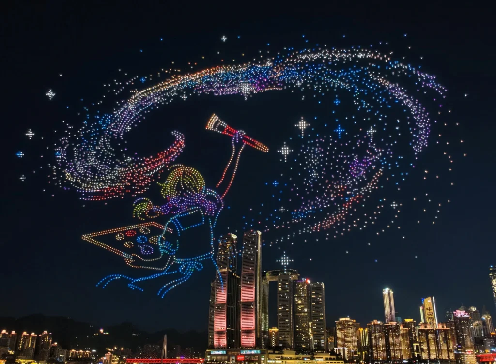 從長嘉匯購物公園看無人機表演
View of the drone show from Changjiahui Shopping Park