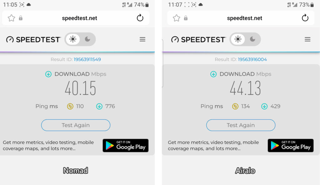 第二輪測試中,Nomad 和 Airalo的測速結果 Nomad and Airalo Speed Test Results from the Second Round