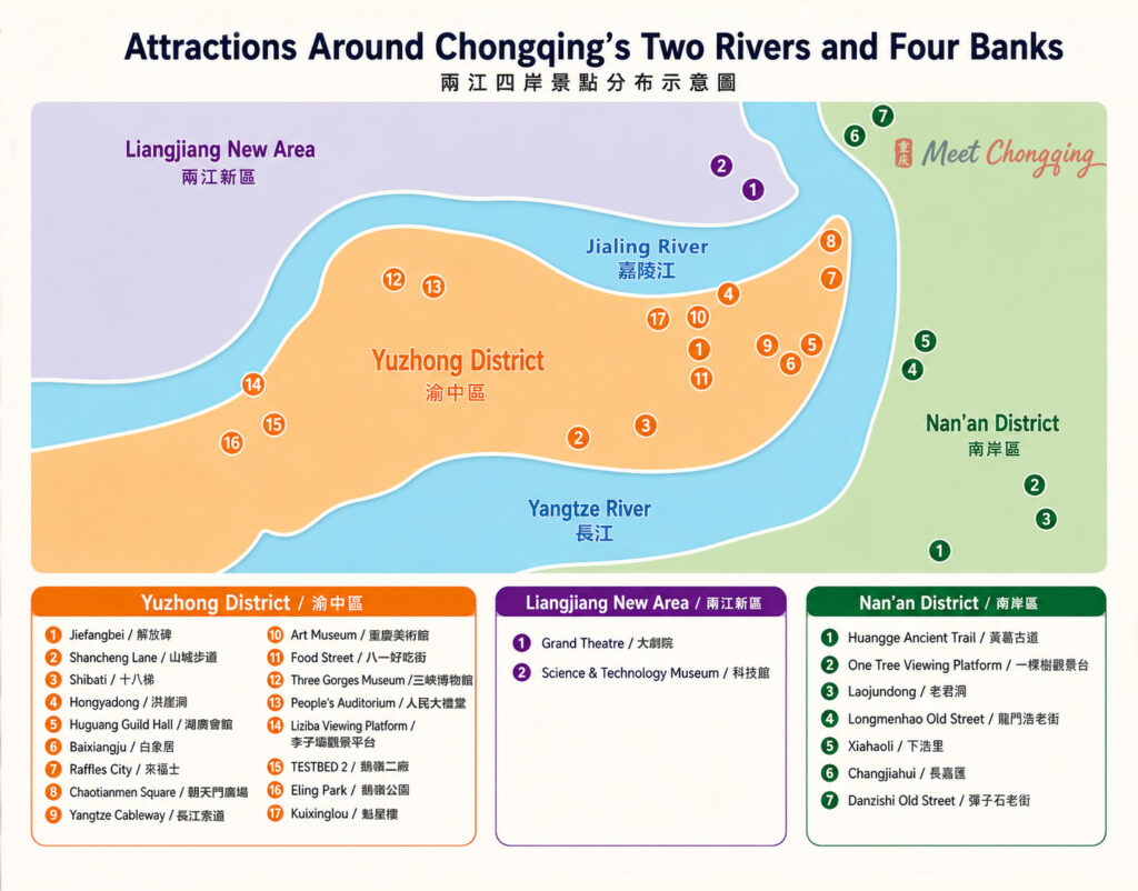 attractions around Central chongqing 重慶兩江四岸景點分佈圖
